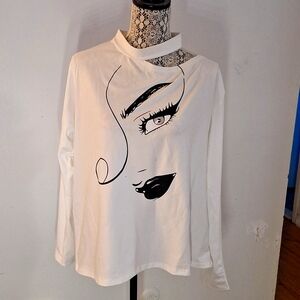 White Graphic Face Long-Sleeve Top